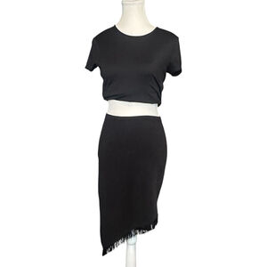 Y2K asymmetrical black skirt with fringe going out it girl